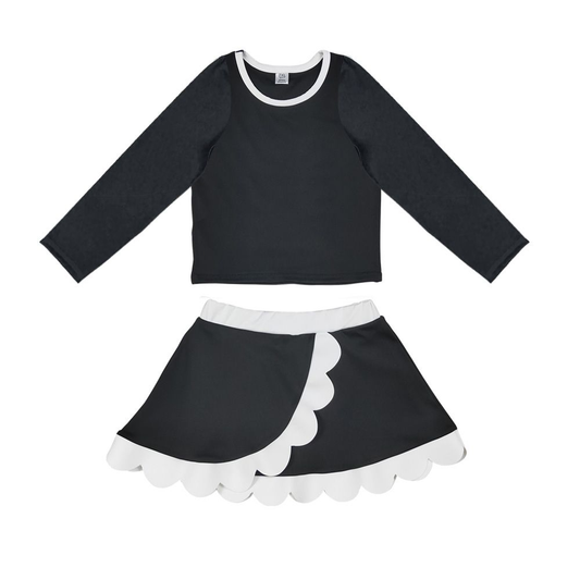 ( Moq 5 ) Preorder Baby Girls Kids Black Shirt Scalloped Skirt Shorts Set Yoga Active Clothes