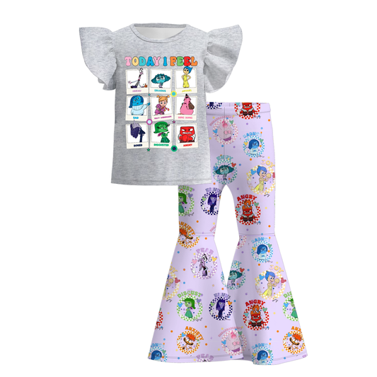 Baby Girl Short Sleeves Cartoon Tops Purple Bell Pants Movie Set