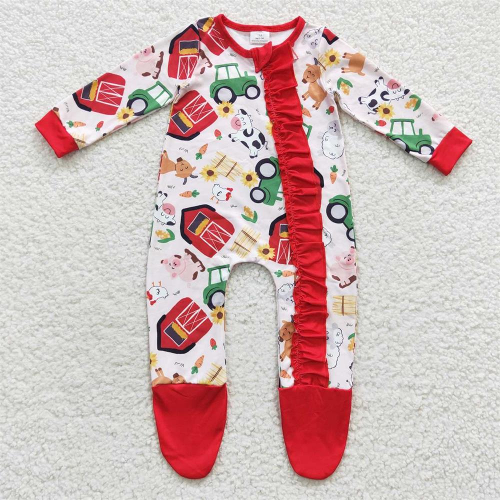 LR0379 Baby Boy Long Sleeves One Piece Farm Zip Footie Romper