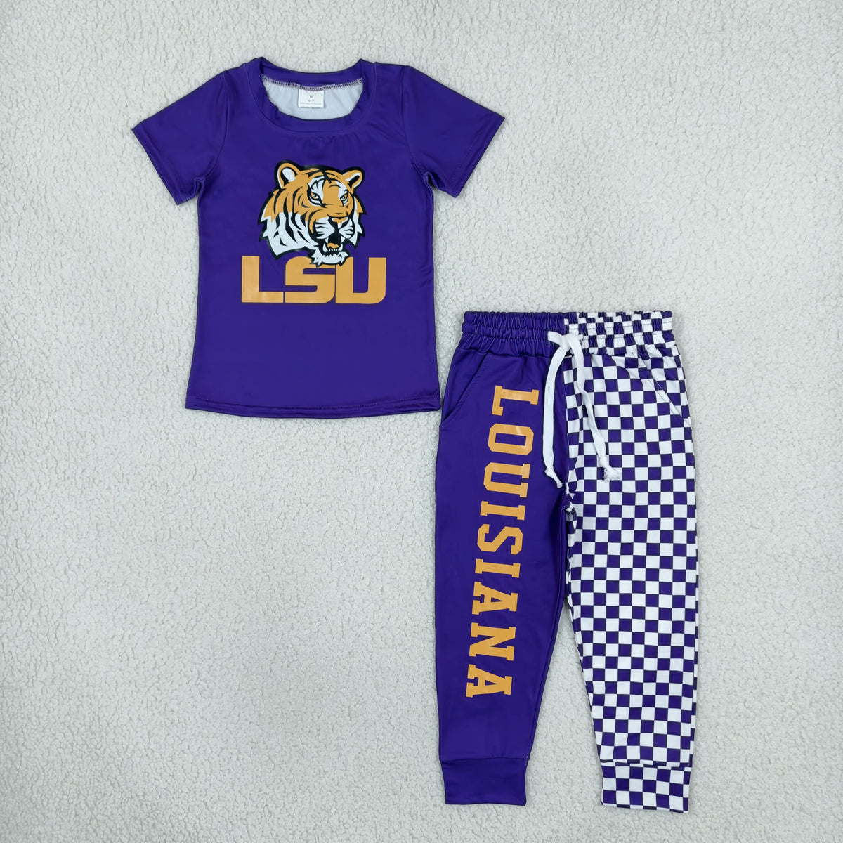 Baby Boys Kids Short Sleeves Tigers Shirt Purple Checked Pockets Pants Team Set Clothes RTS