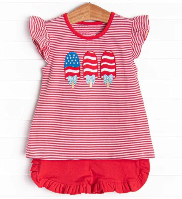 Moq 3 Pre-order GSSO0759 Baby Girl Popsicle Tops Red Shorts Summer July 4th Set