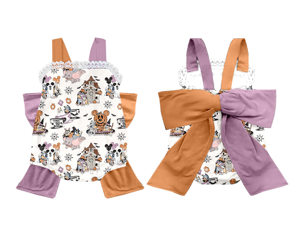 Baby Girl Halloween Dogs Cartoon Pumpkin Big Bow Bubble Romper