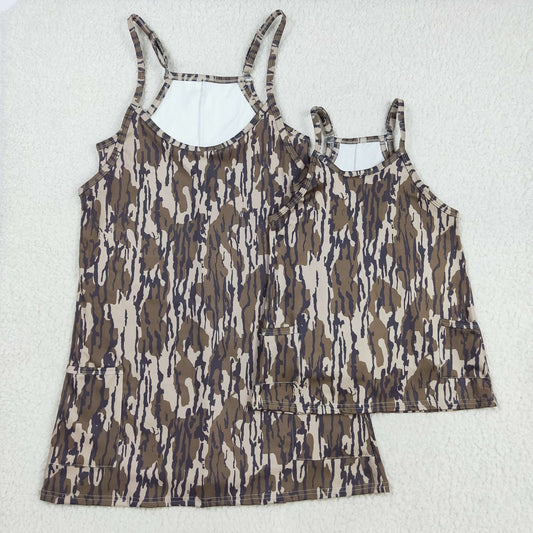 Baby Girl Adult Women Straps Brown Camo Pockets Yoga Active Sibling Family Mommy And Me Summer Dress RTS