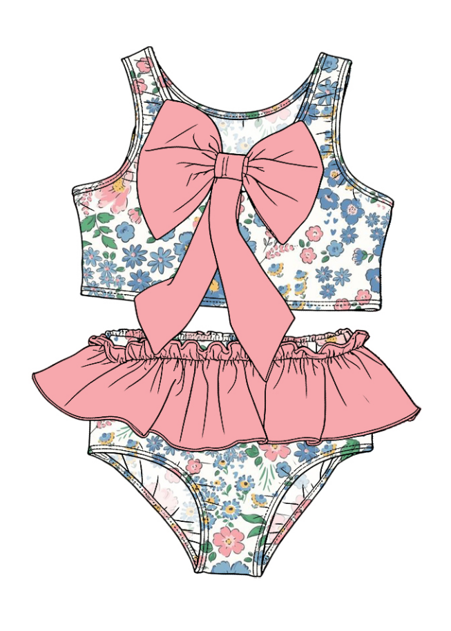 ( Moq 5 Each Style ) Sibling Baby Girls Kids Floral Tops Ruffle Shorts Pink Bows Sets Summer Swimsuits