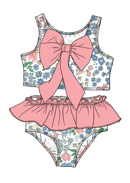 ( Moq 5 Each Style ) Sibling Baby Girls Kids Floral Tops Ruffle Shorts Pink Bows Sets Summer Swimsuits