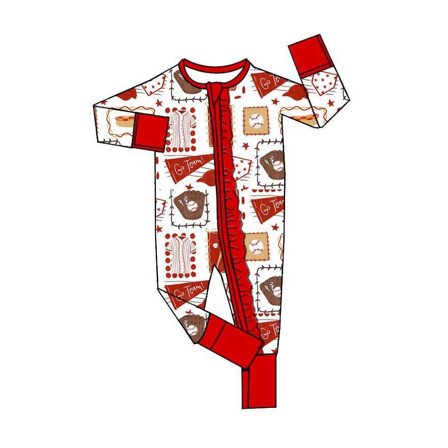 ( Moq 5 ) Preorder Baby Girls Kids Long Sleeves Baseball Zipper Footie Romper Red Clothes