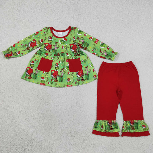 Baby Girl Kids Christmas Face Stripes Pockets Tunic Green Pants Set Clothes RTS