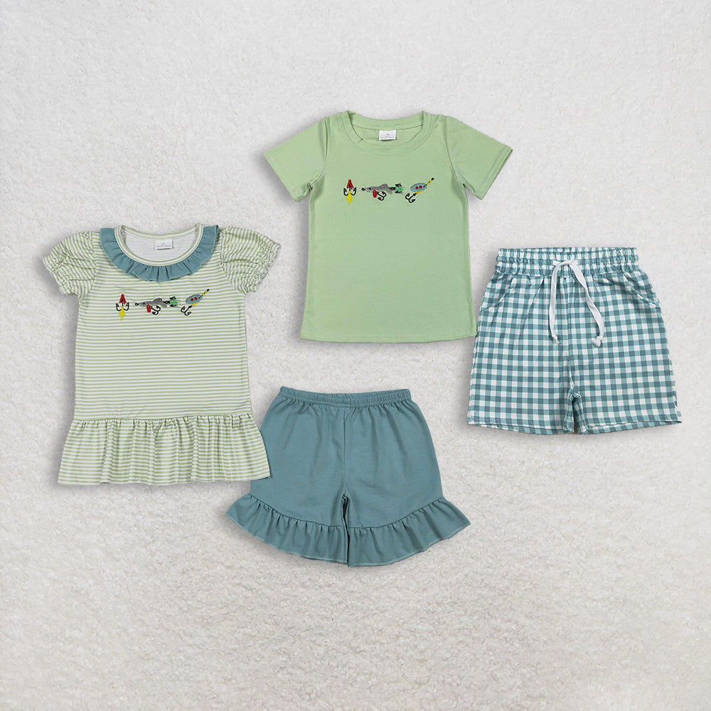 Sibling Baby Boys Girls Short Sleeves Embroidery Fishing Shirts Green Plaid Shorts Clothes Sets RTS