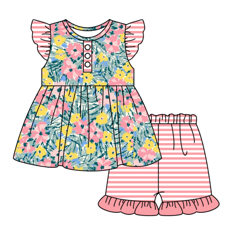 Baby Girl Floral Stripes Sibling Romper Dress Clothes Set ( Moq 5 Each Design )