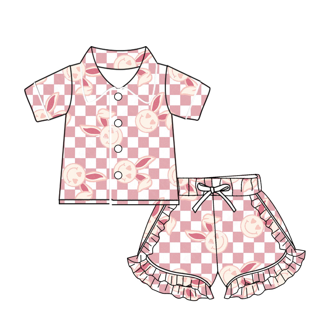 Baby Girl Short Sleeves Rabbit Checkered Buttons Shirt Shorts Easter Pajamas Clothes Set Moq 5