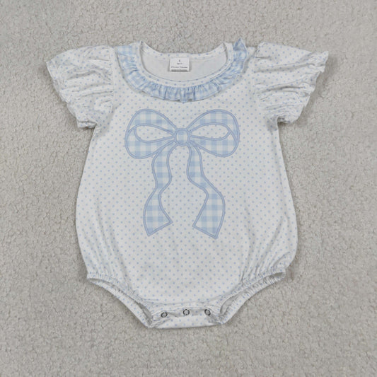 Baby Girls Infant Short Sleeves Plaid Bow Dots Bubble Romper RTS