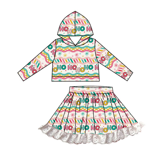 Baby Girl Christmas Hohoho Hooded Tops Lace Skirts Clothes Set