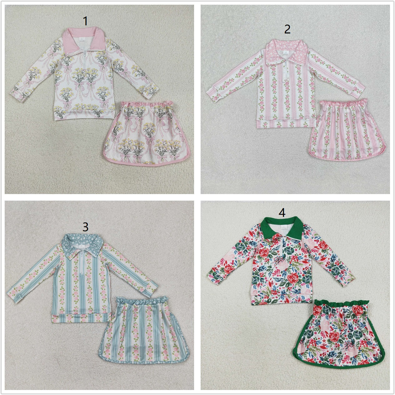 Girls Kids Flower Bows Zipper Shirt Skirt Shorts Skort Set Sibling Clothes RTS