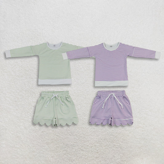 Sibling Baby Girls Kids Long Sleeves Stripes Shirts Scallop Shorts Sets Yoga Active Clothes RTS