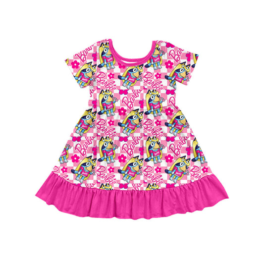 Baby Girl Short Sleeves Doll Flower Dogs Ruffle Knee Length Dress Moq 5