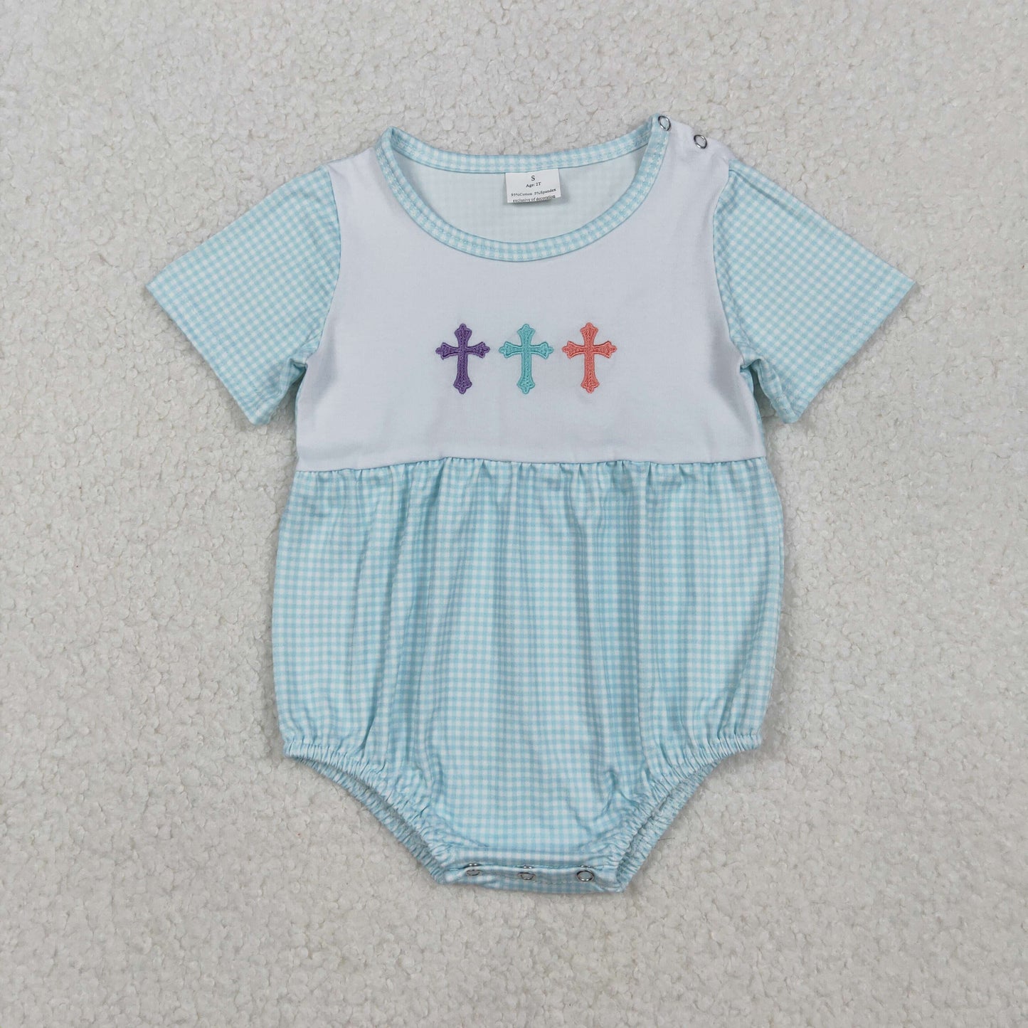 Baby Boys Infant Short Sleeves Cross Easter Blue Bubble Romper RTS