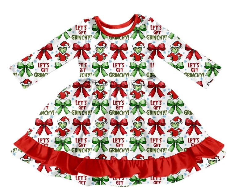 ( Moq 5 Each Style ) Baby Girl Toddler Green Face Bows Christmas Sibling Romper Dress Set