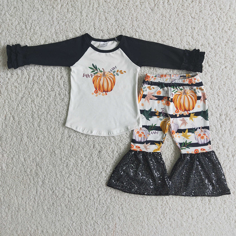 Promotion Baby Girl Pumpkin Thankful Sequins Bell Pants Thanksgiving Fall Outfit RTS