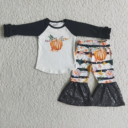 Promotion Baby Girl Pumpkin Thankful Sequins Bell Pants Thanksgiving Fall Outfit RTS
