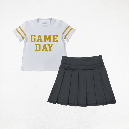 Kids Girl Short Sleeves Game Day Vinyl Shirt Black Yoga Active Skort Team Cheer Set RTS