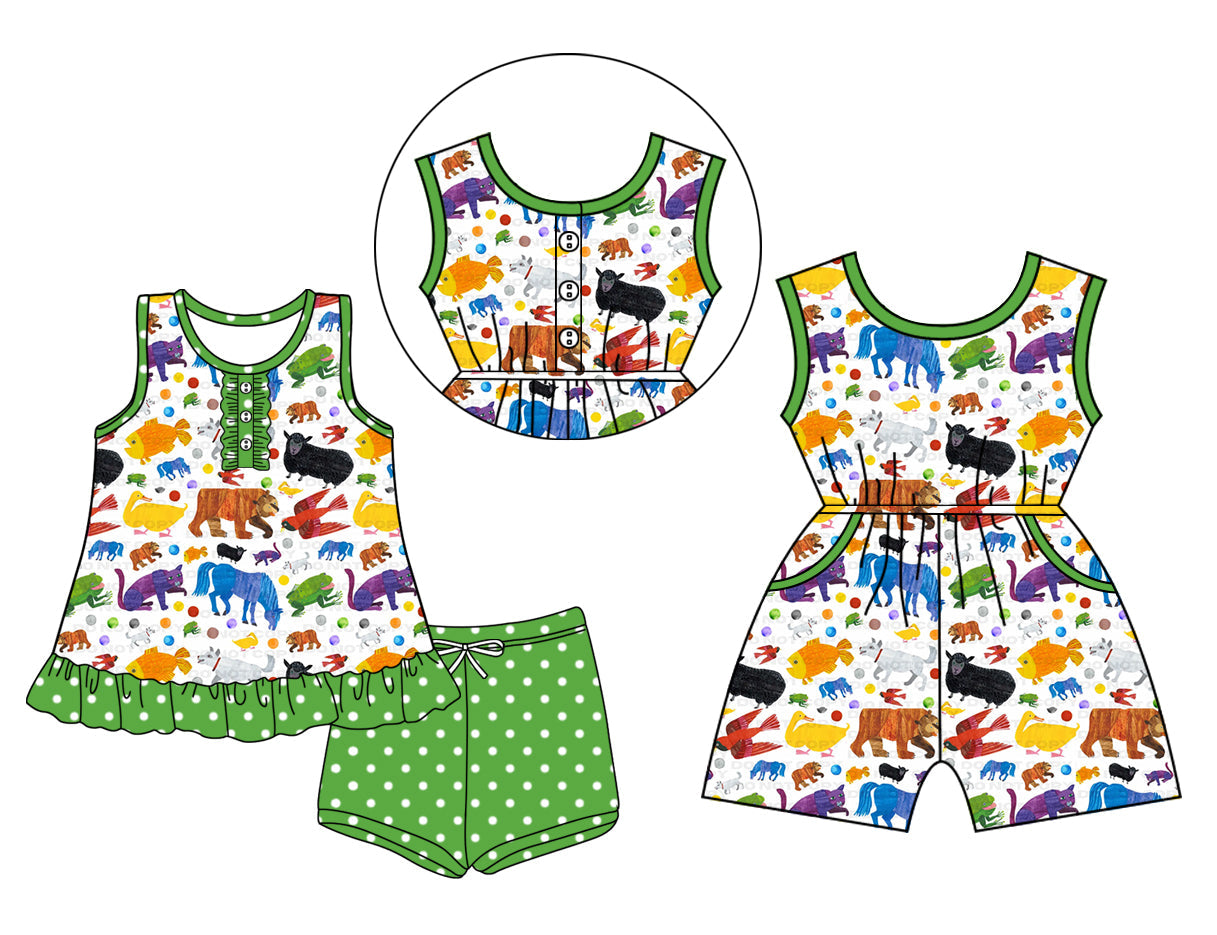 ( Moq 5 Each Style ) Baby Girl Sleeveless Animals Sibling Summer Green Jumpsuit Set 3.24
