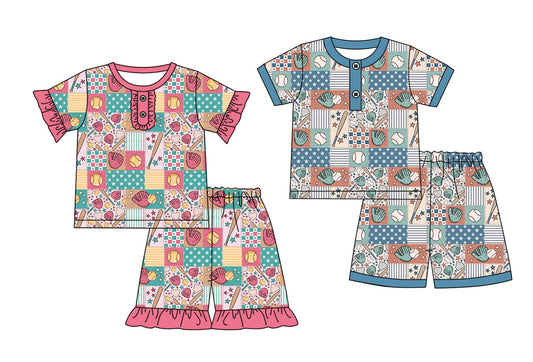 Baby Girl Short Sleeves Baseball Sibling Pajamas Set ( Moq 5 Each Style ) 3.4