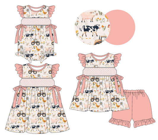 Baby Girl Short Sleeves Farm Animals Flower Sibling Romper Dress Set ( Moq 5 Each Style ) 3.10
