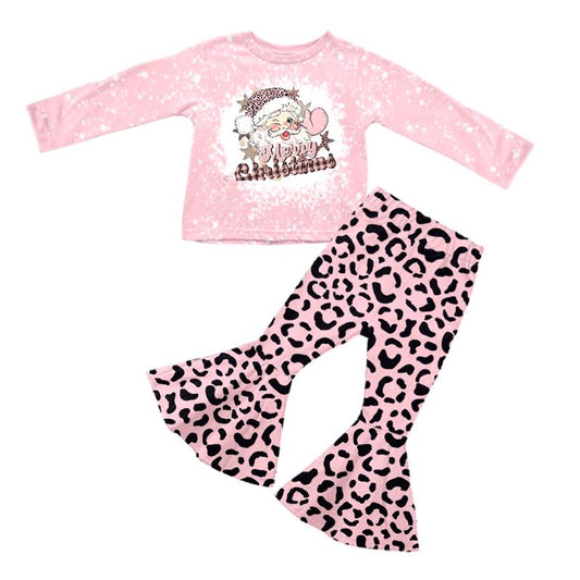 Baby Girl Pink Long Sleeves Christmas Santa Shirts Leopard Bell Pants Outfit Moq 5