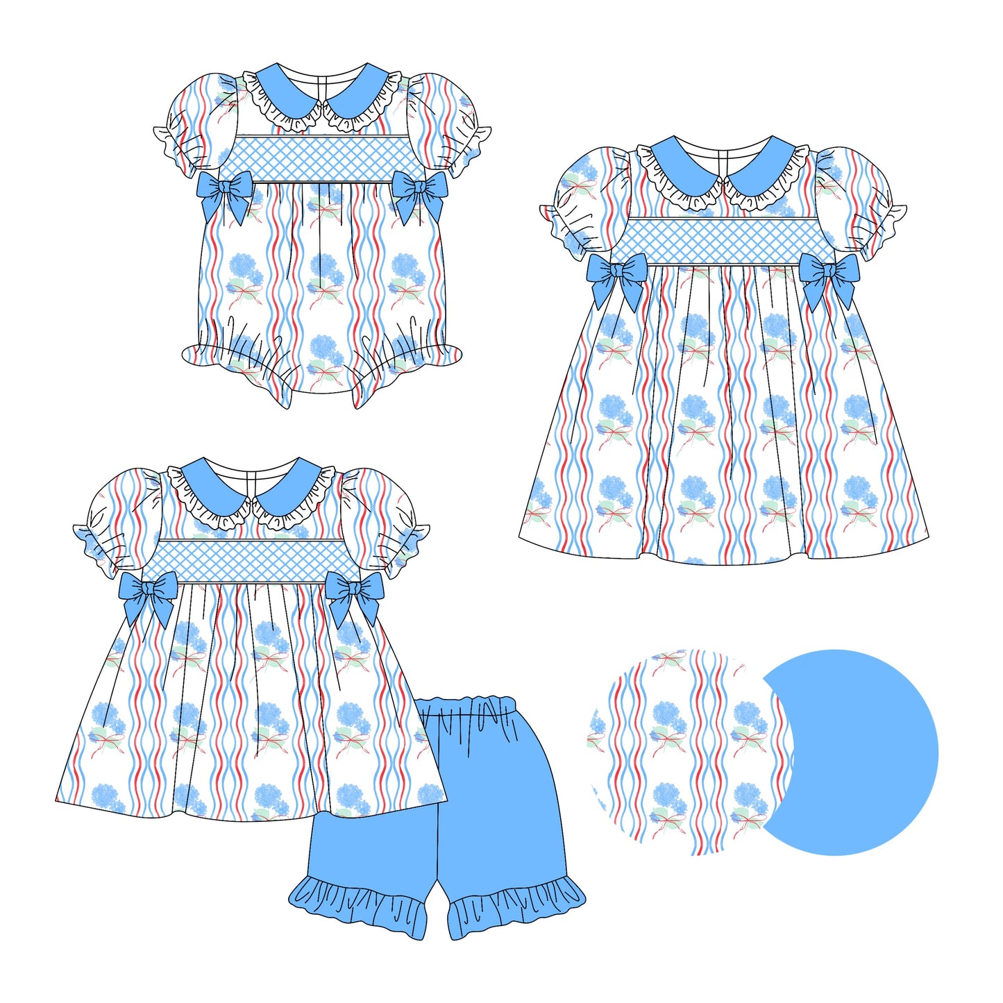 Baby Girl Flower Blue Bows Sibling Romper Dress Set ( Moq 5 Each Style ) 3.14