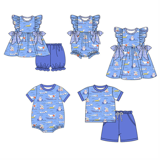 Baby Boy Girl Dogs Sibling Blue Dress Romper Clothes Set ( Moq 5 Each style ) 11.27