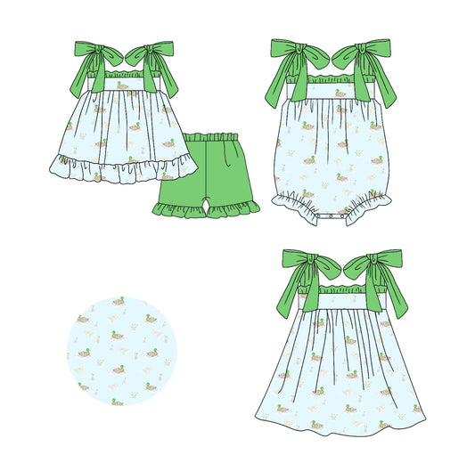 Baby Girl Ducks Sibling Green Romper Dress Clothes Set ( Moq 5 Each Design )