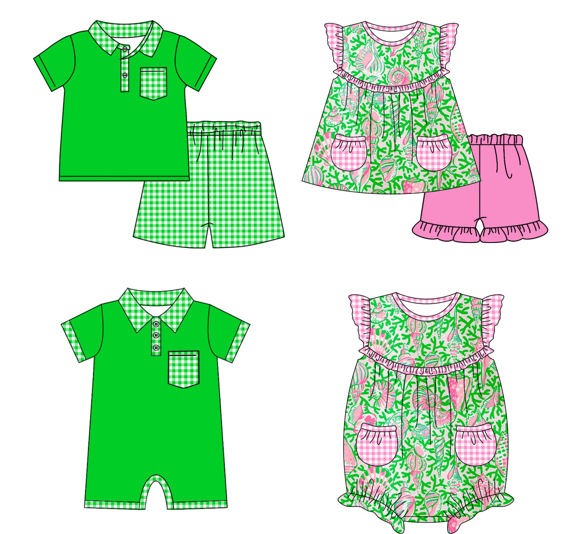 Baby Boy Girl Short Sleeves Green Summer Sibling Dress Romper Clothes Set ( Moq 5 Each style )