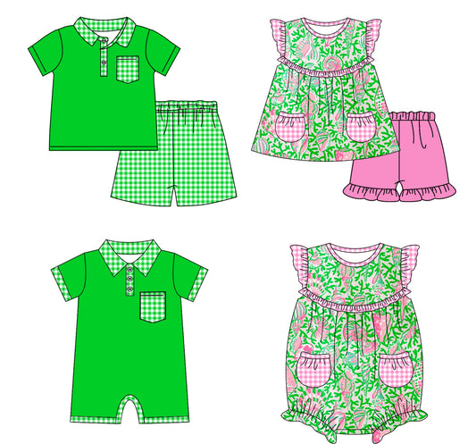 Baby Boy Girl Short Sleeves Green Summer Sibling Dress Romper Clothes Set ( Moq 5 Each style )