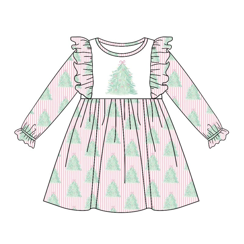 Baby Girl Long Sleeves Christmas Tree Pink Stripes Dress