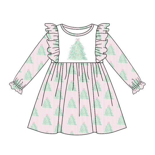 Baby Girl Long Sleeves Christmas Tree Pink Stripes Dress