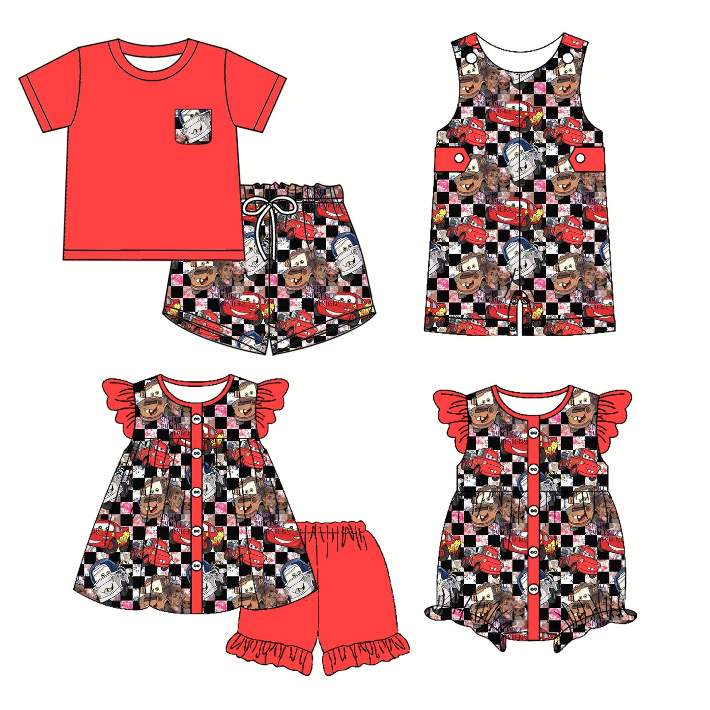 Baby Boy Cartoon Car Checked Sibling Romper Dress Set ( Moq 5 Each Style ) 2.22