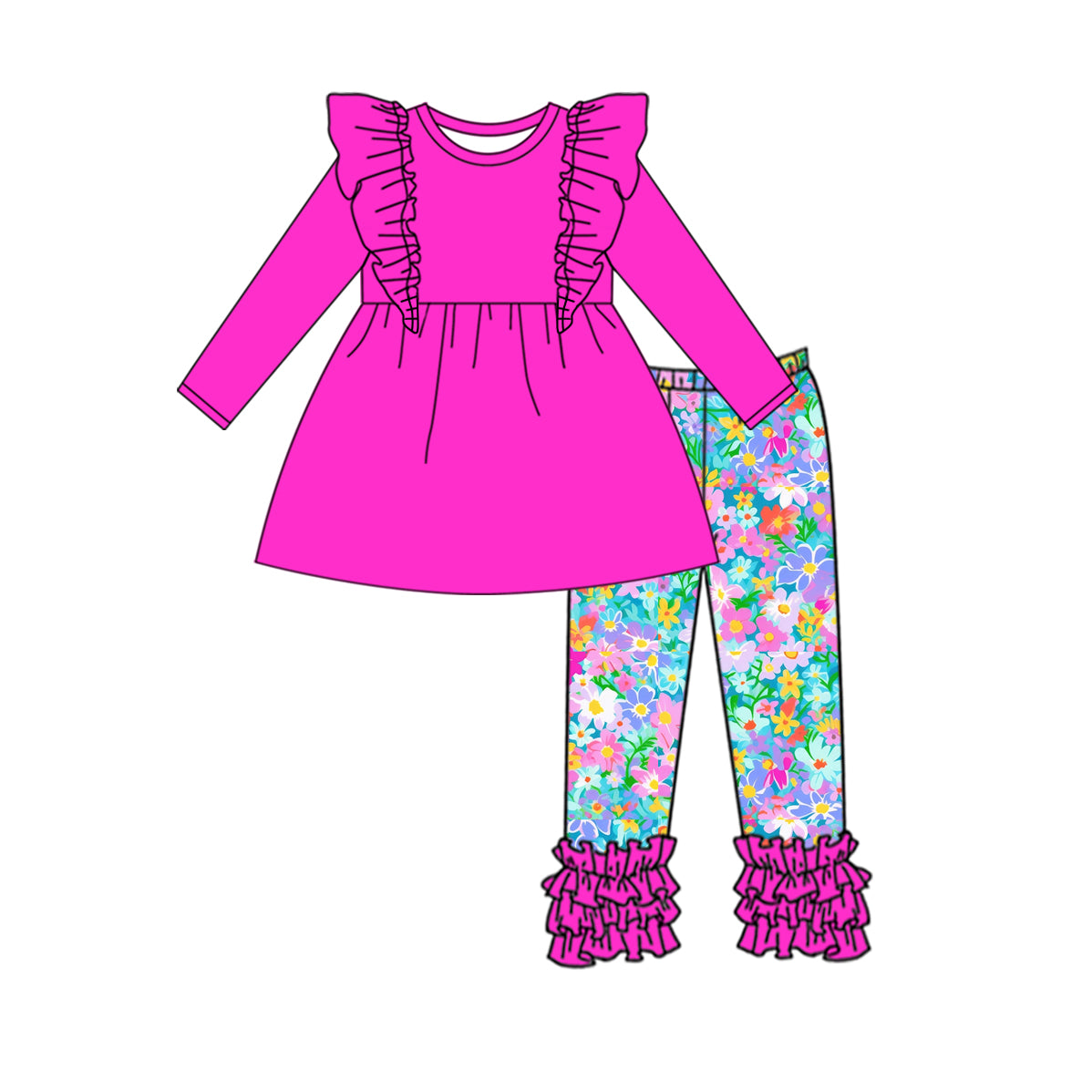 Baby Girl Long Sleeves Hot Pink Cotton Ruffle Tunic Flower Ruffle Pants Set