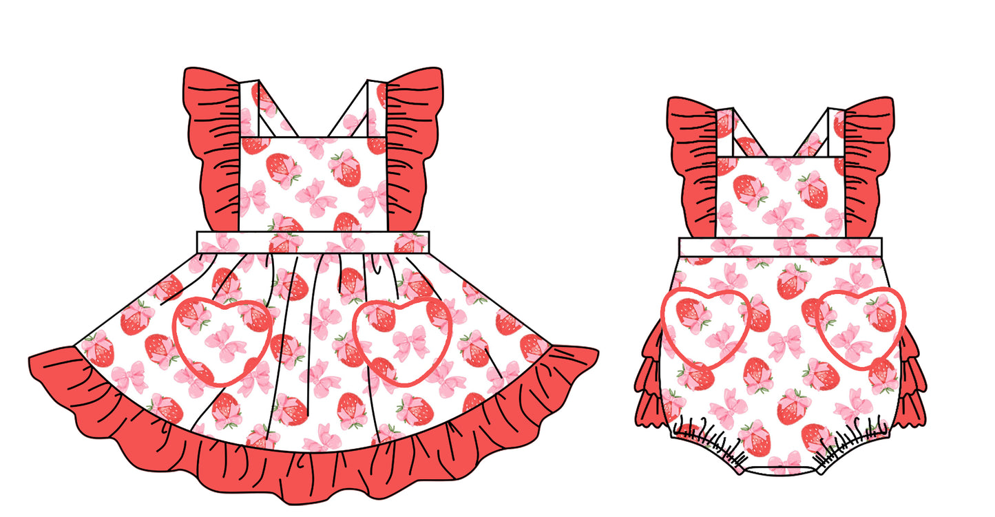 Baby Girl Strawberry Bows Sibling Matching Romper Clothes Set ( Moq 5 Each Design )