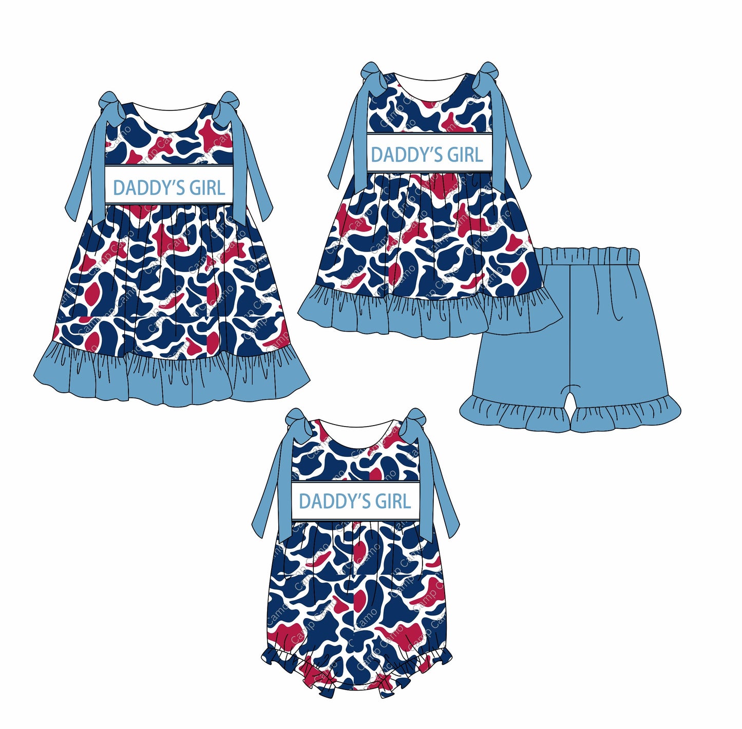 Baby Kids Blue Bows Daddy's Girl Camo Sibling Romper Dress Set ( Moq 5 Each Style ) 2.18