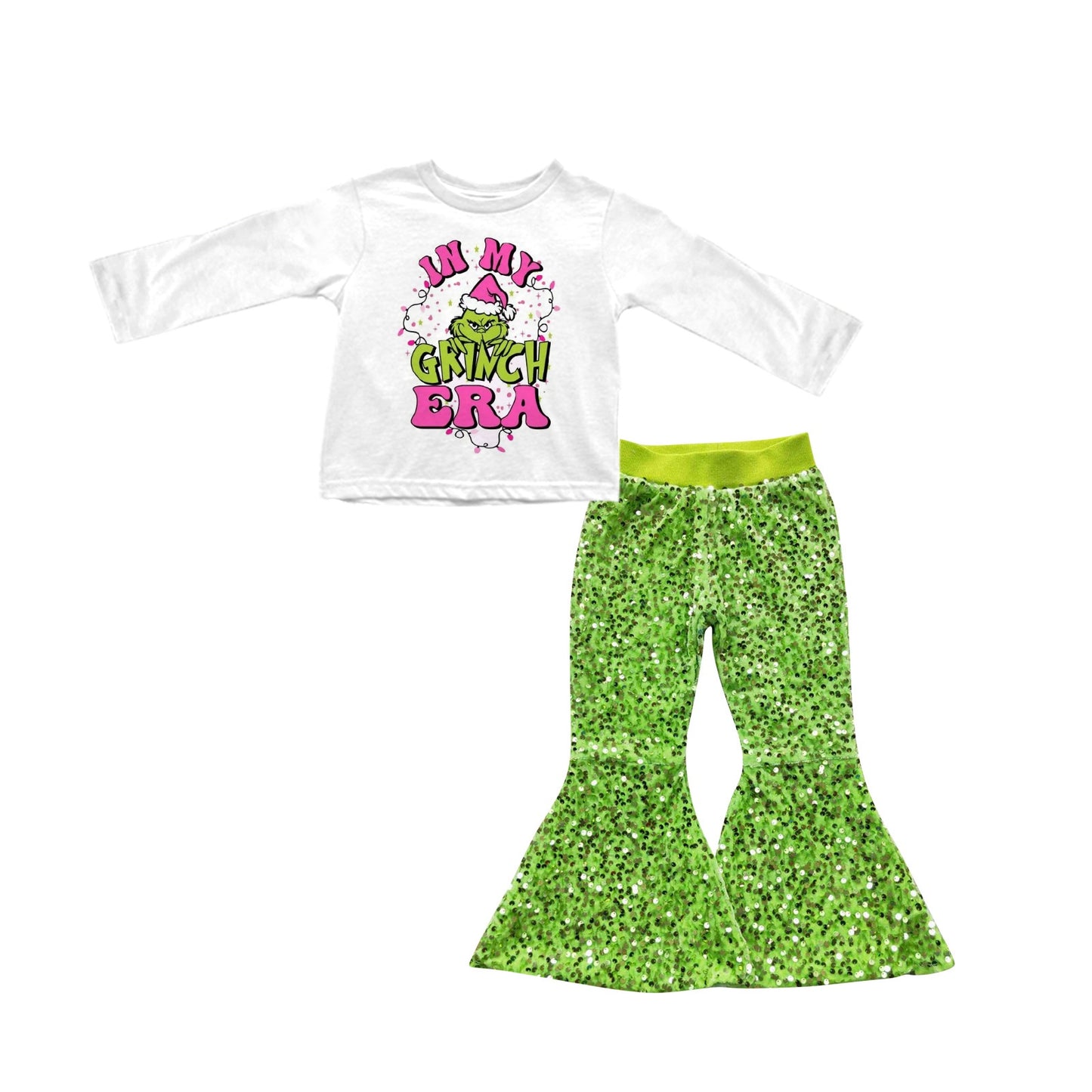 Baby Girl Long Sleeves Christmas Face Shirt Green Sequins Pants Set