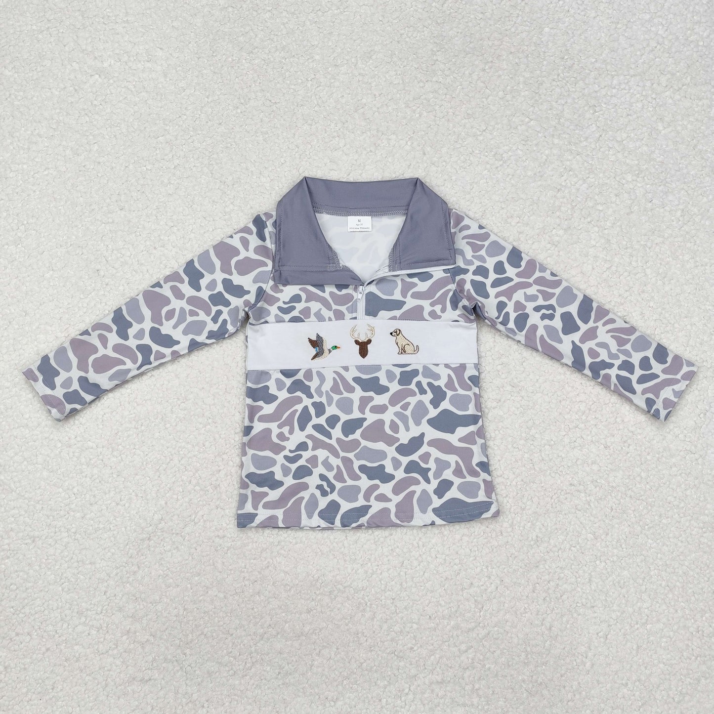 Baby Boy Long Sleeves Grey Camo Embroidery Duck Deer Dog Zipper  Pullover Tops