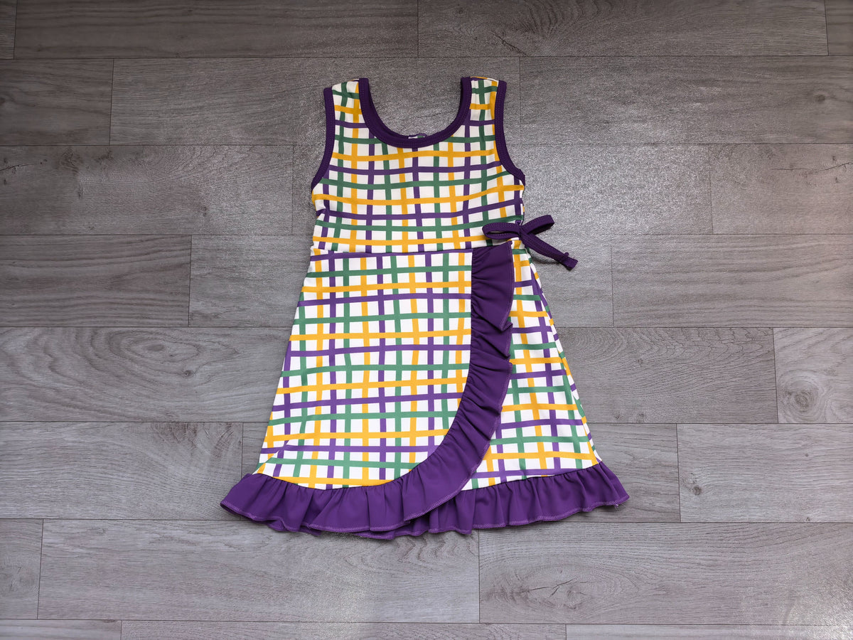 ( No moq ) Preorder Baby Girls Kids Sleeveless Shorts Scallop Plaid Yoga Dress Mardi Gras Clothes