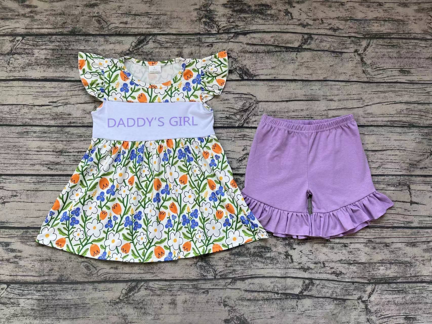 No moq Pre-order Baby Kids Short Sleeves Daddy Girl Floral Tops Purple Cotton Shorts Summer Set