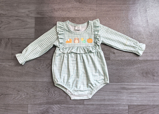( No moq ) Preorder Baby Girls Infant Embroidery turkey Pumpkin Plaid Bubble Romper Fall Clothes