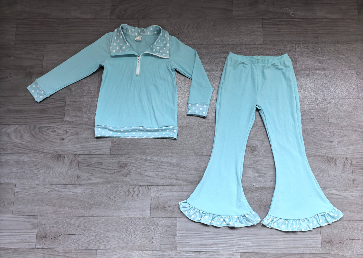 ( No moq ) Preorder Baby Girls Kids Long Sleeves Zipper Shirt Pants Blue Set Clothes