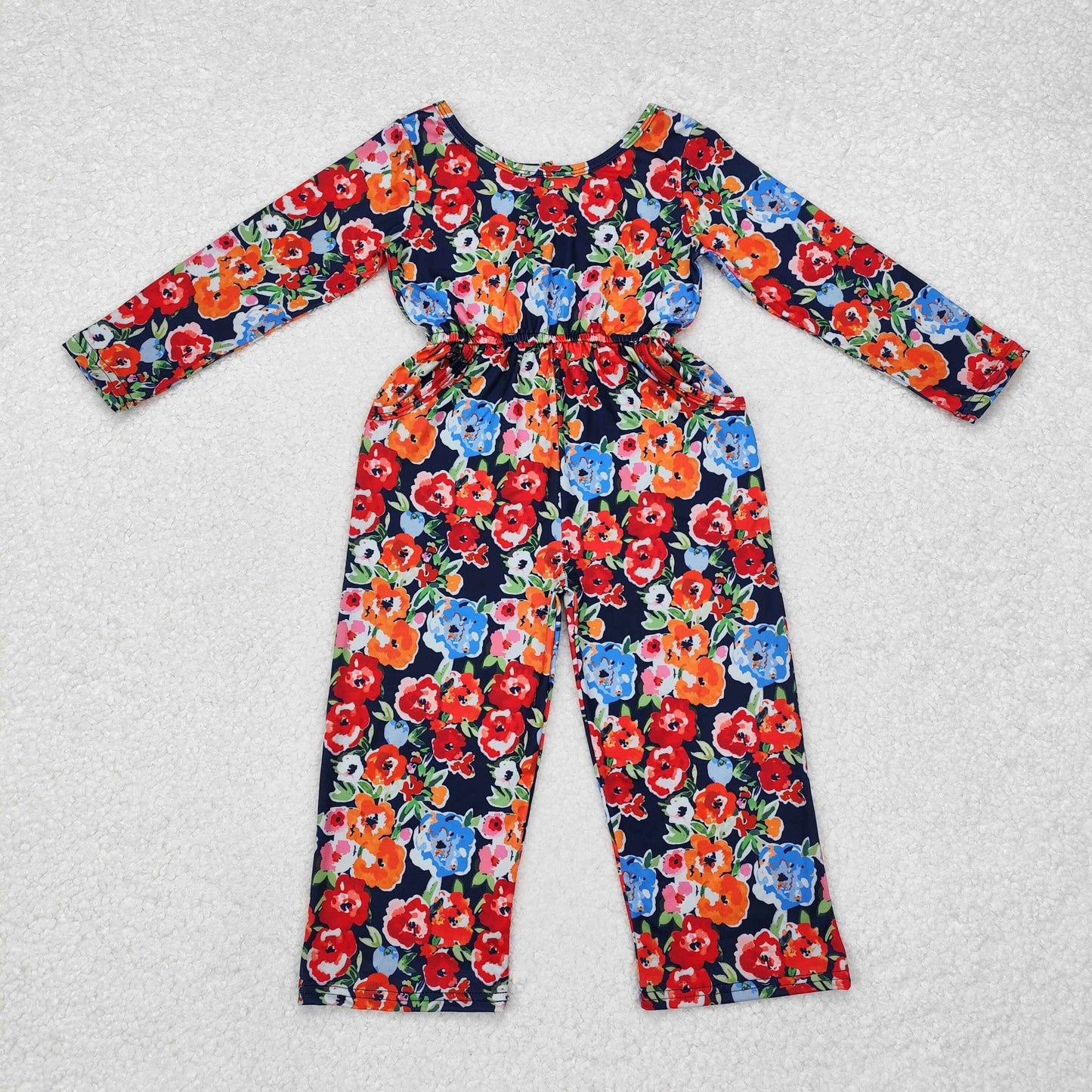 Baby Girl Flower Long Sleeves Fall Pocket Buttons Jumpsuit