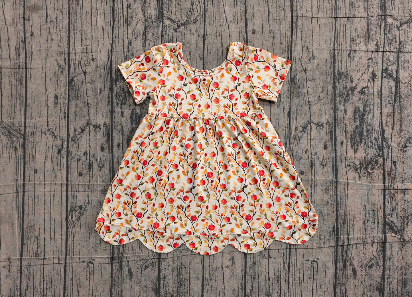 ( No moq ) Preorder Baby Girls Kids Short Sleeves Apple Back to School Scallop Dress Clothes
