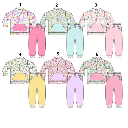 ( Moq 5 Each Style ) Sibling Baby Girls Toddler Long Sleeves Flower Zipper Shirt Pockets Pants Sets