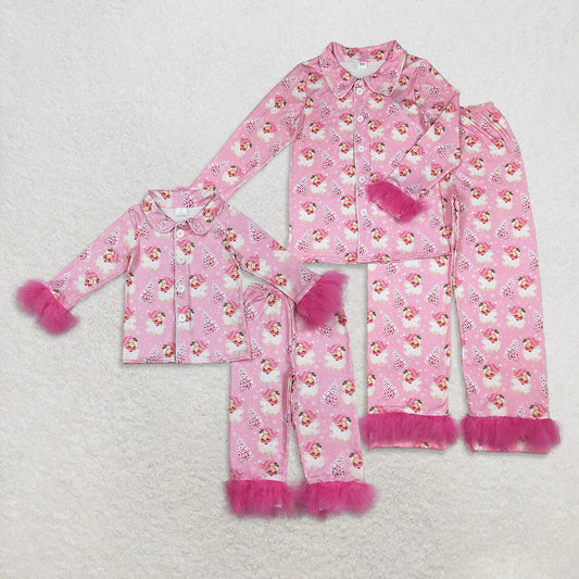 Sibling Girls Kids Adult Women Pink Fur Santa Tree Buttons Shirt Pants Pajamas Christmas Set RTS