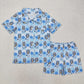 RTS Adult Women Short Sleeves Dogs Checkered Flower Buttons Shirt Shorts Pajamas Blue Set